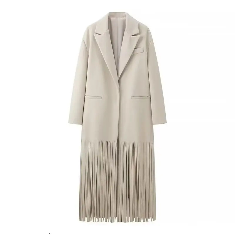Autumn Womens Fashion Simple Medium to Long Style Tassel Windbreaker Dress 250822