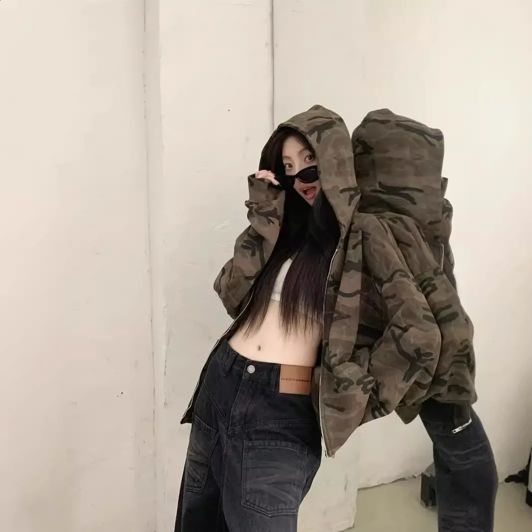 American Retro Camouflage Hoodie Jacket Women Loose Lazy Long Sleeve Zipper Top Autumn Fashionable Outerwear 250819