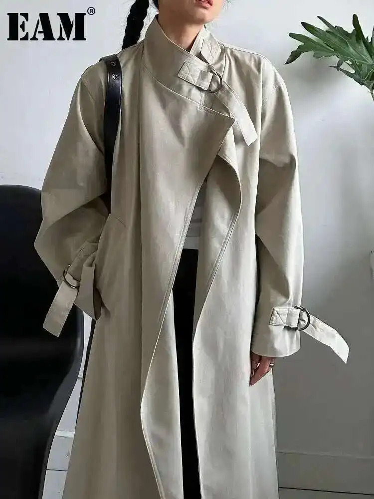 EAM Women Apricot Big Size Long Elegant Trench Stand Collar Sleeve Windbreaker Fashion Spring Autumn 1DH8165 250822