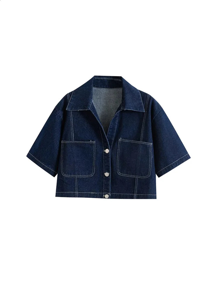 TRZA Womens Fashion Cropped Denim Shirt with Pockets Short Sleeve Button-Up Chic Female Blouse Trendy Top250821