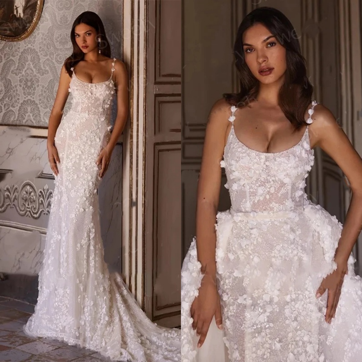 Classic Mermaid Wedding Dress Jewel Neck Spaghetti Straps Bridal Gowns 3D Appliques Detachable Train Dresses Custom Made vestidos de novia