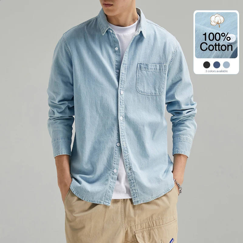 2024 Mens 100% Cotton Denim Shirt Fashion Black Light Blue Japanese Casual Slim Spring Autumn Long Sleeve Shirts250821