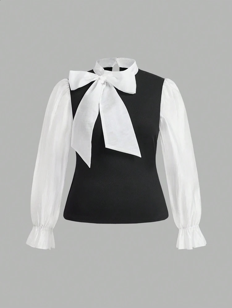 Plus Size Womens Elegant Contrast Bow Tie Long Sleeve A-Line Office Work Shirt Business Pink Black Brown for Spring 250822