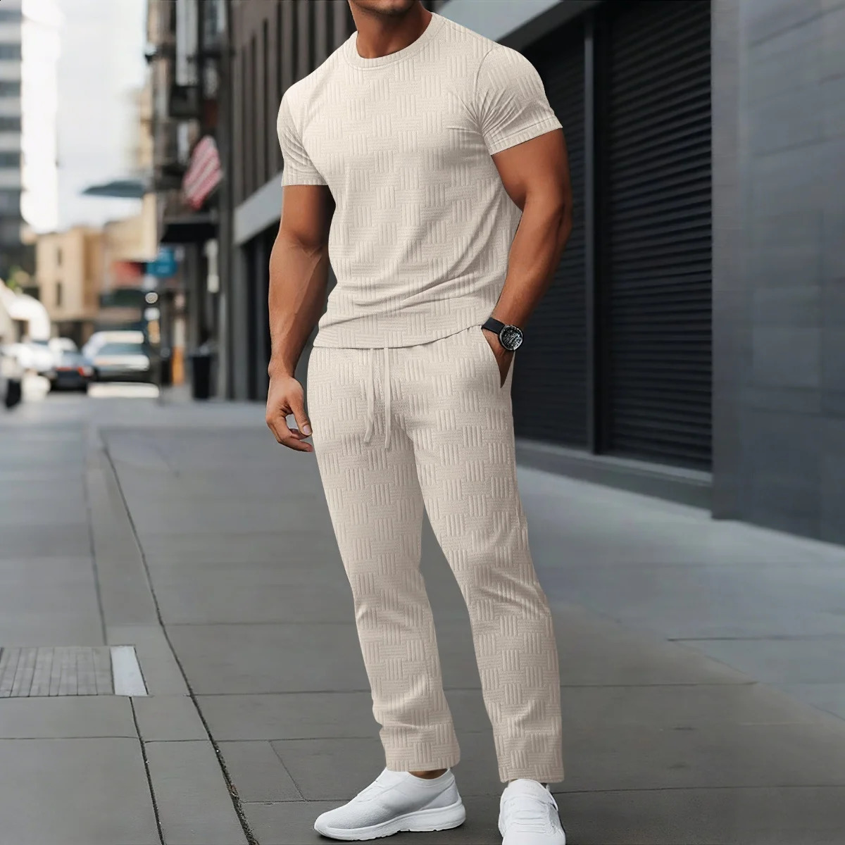 Mens Casual Street Round-Neck T-Shirt Striped Jacquard Solid-Color Loose Long Pants Short-Sleeved Set Fashionable 2025250822