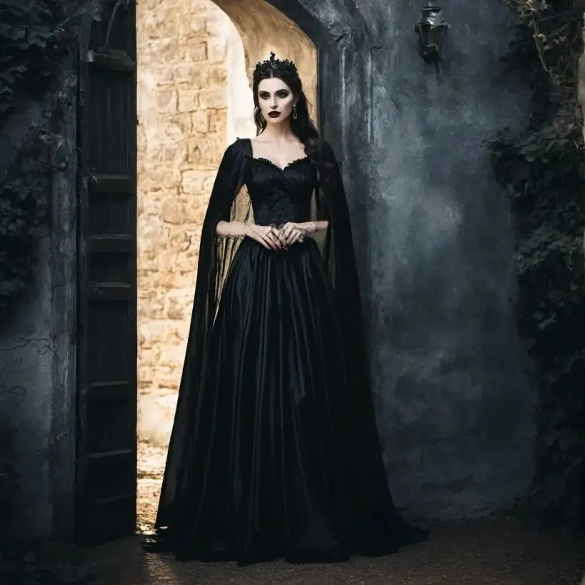 Gothic Black Prom Dress With Wrap Sweetheart A-Line Long Evening Gown Lace-up Vintage Medieval Floor Length Custom Made Color/Size