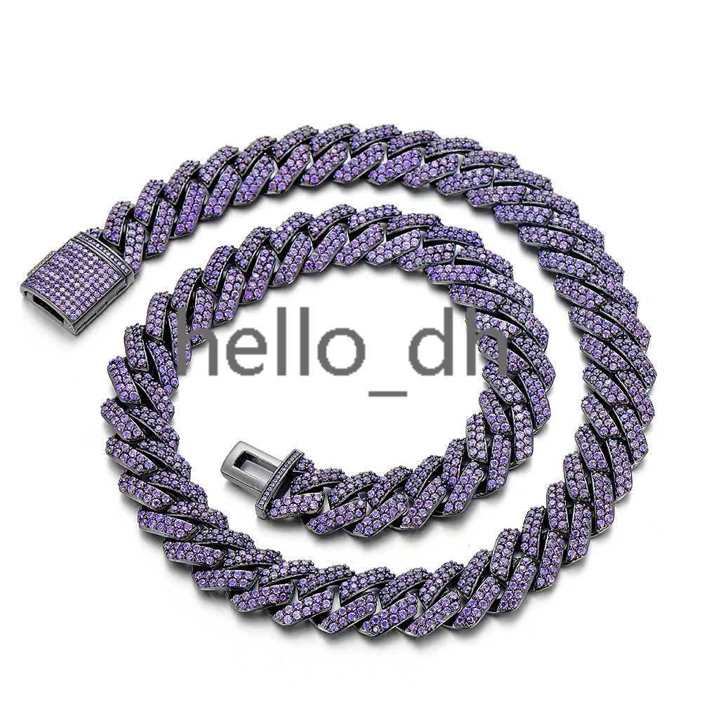 New Style 15mm Miami Cuban Link Chain Two Row Purple moissanite Hip Hop Iced Out Prong Cuban Link Necklace