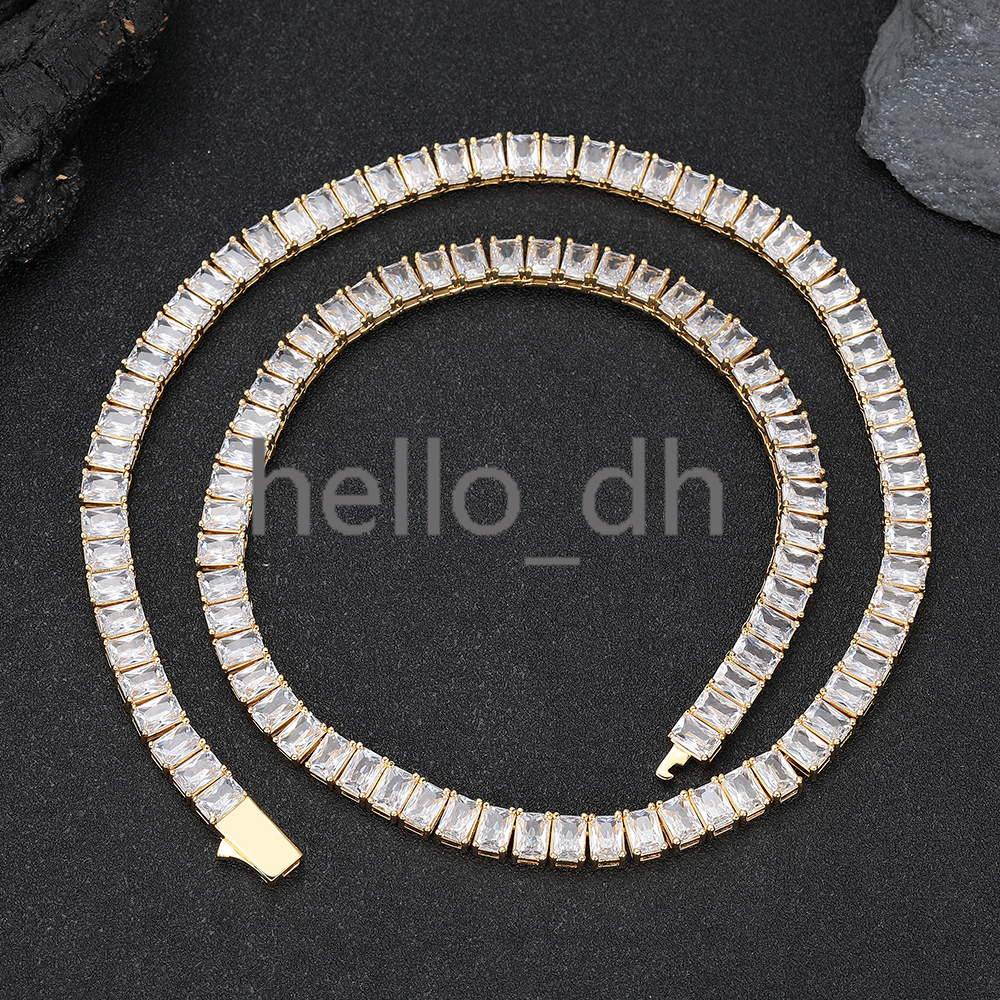 Womens 18K Gold Plated Brass Tennis Chain Necklace 6mm Rectangular moissanite Hip Hop Fine Jewelry Tennis Chains Necklaces