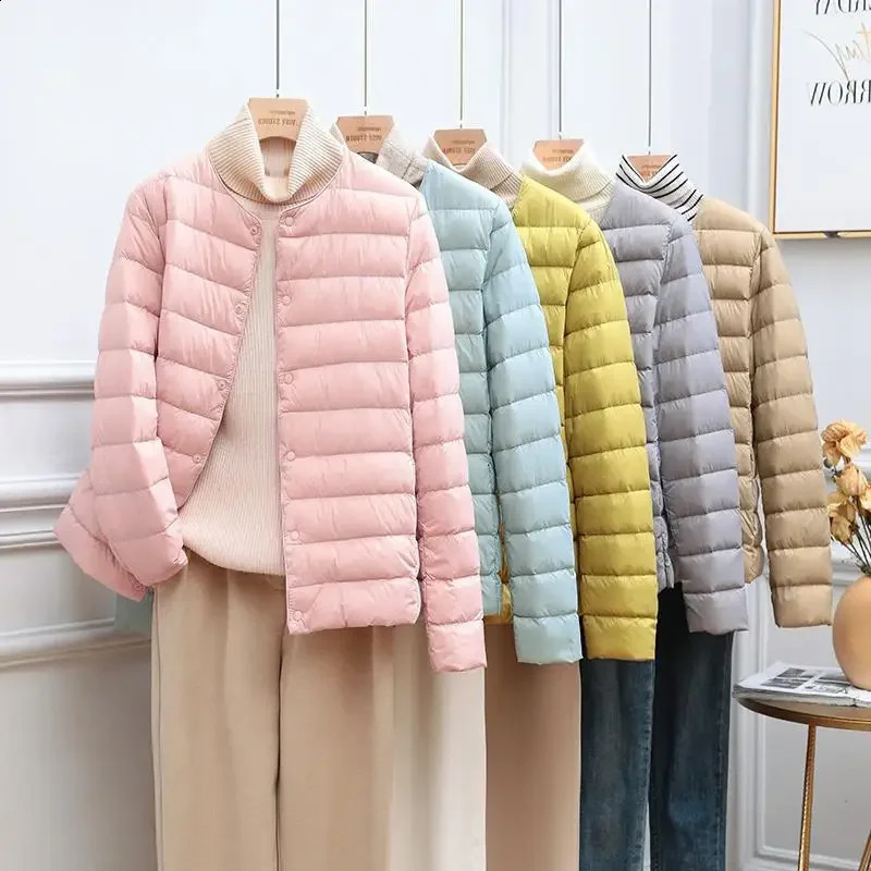 Femmes de veste de printemps Arrivée coréenne Slim Fit Doublure chaude vers le bas Ultralight sans col femelle 90% de canard blanc parka250821
