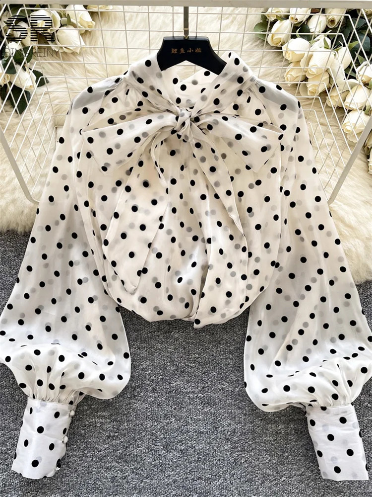 SINGREINY Vintage Polka Dot Tops Puff Sleeve Bow Lace Up Blouses Temperament Gauze Women Basics Loose Shirt 250822
