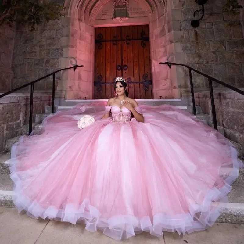 Robe de bal robes quinceanera rose hors de l'épaule des applications paillettes à lacets plus à lacets plus taille 15 16 robes de fête d'annivers