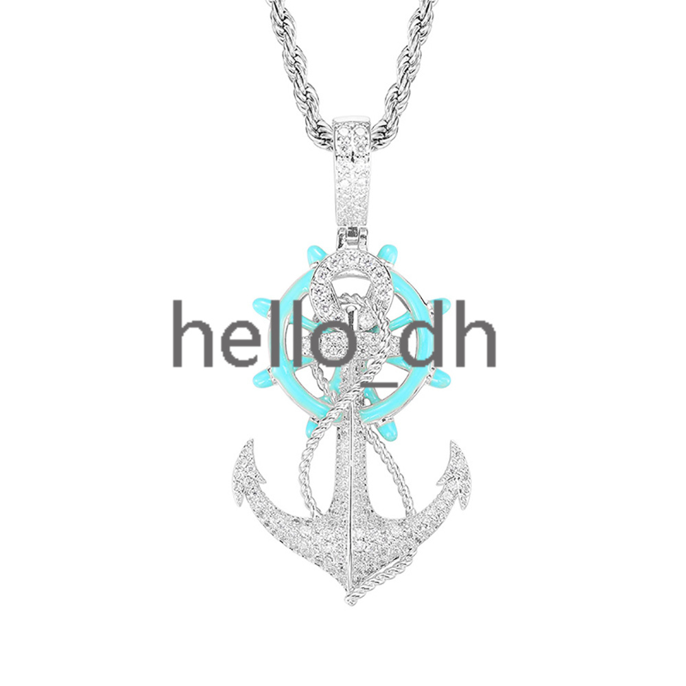 Hip Hop Jewelry Iced Out Diamond Anchor Pendant for Men Blue Drip Oil White Gold Plated Charm Pendant