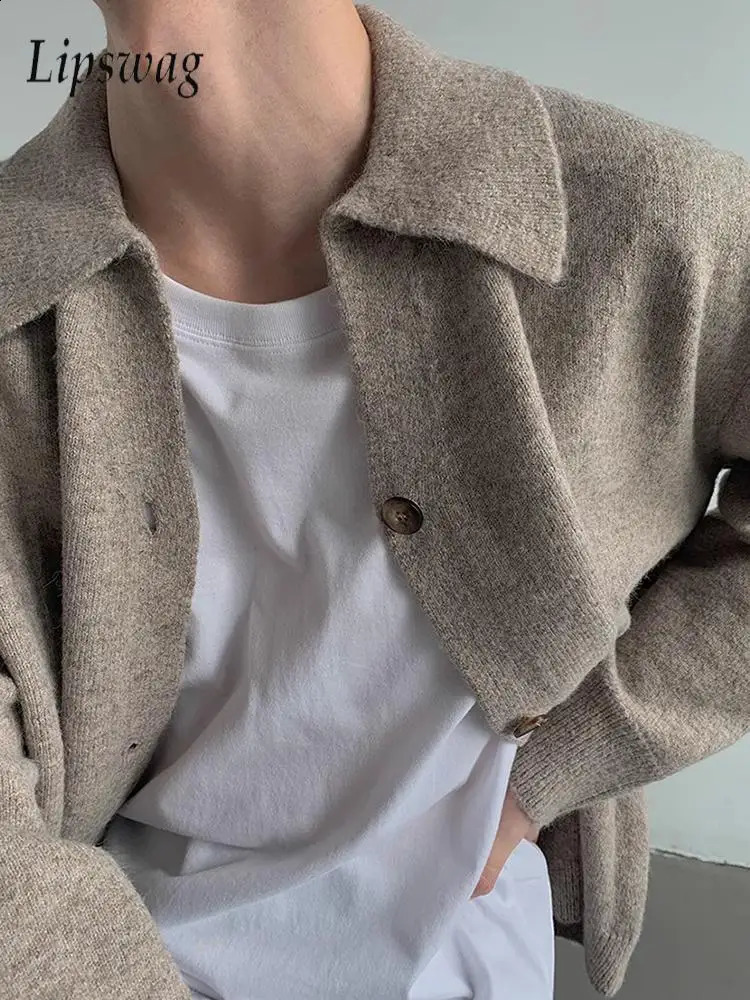 Stylish Solid Color Knitting Mens Cardigan Tops Autumn Winter Outdoor Fashion Buttoned Lapel Sweatercoats Vintage Jackets 250813