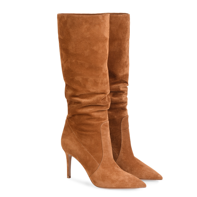 Luxurys Designer Women Dress Shoes Brown Suede Burgundy Leather Pleated Tube Slip On Knee High Boots Women Pointed Toe Spike Heels Thigh Long Boots
