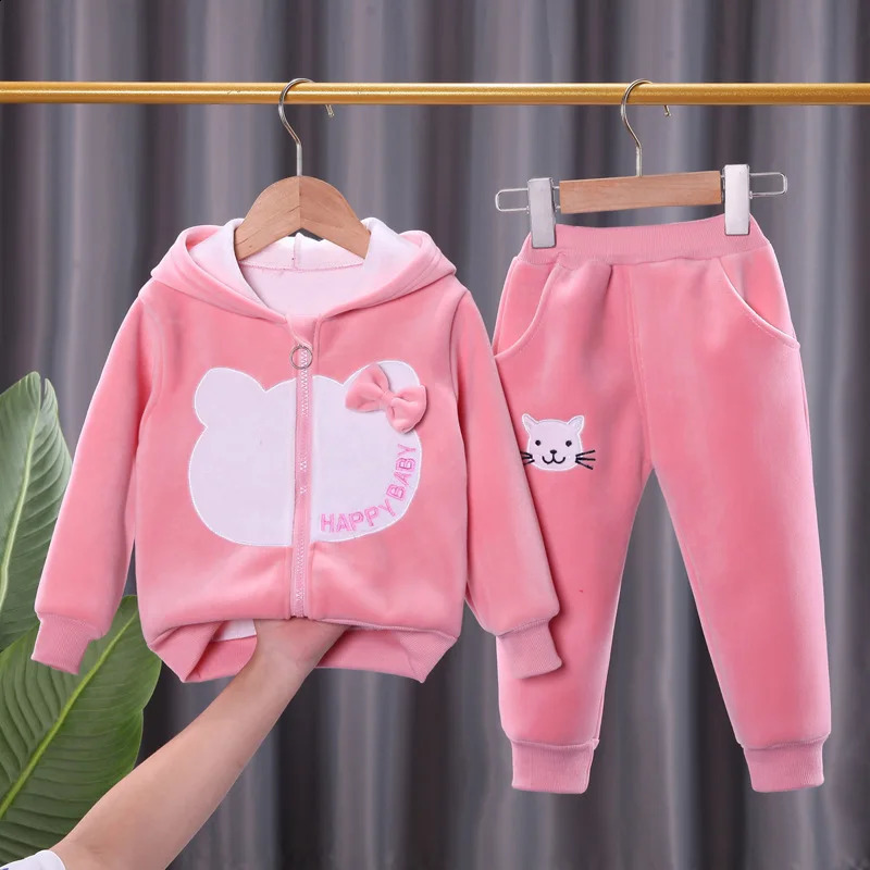 2025 girl plus velvet sleeve winter warm and thick cartoon hat-connected toppants two-piece 0-4-year-old childrens set250821