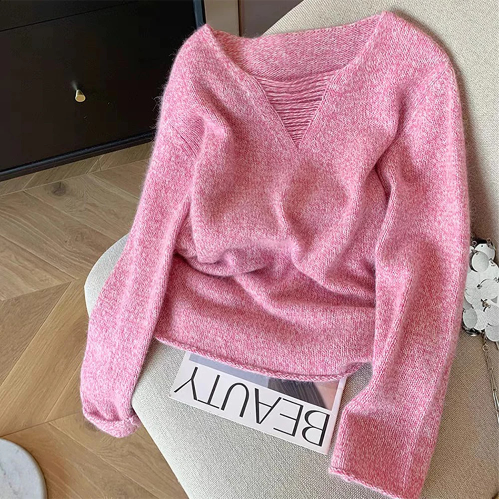 Women Pink Knitwear Pullover V-Neck Long Sleeve Soft Cozy Knit Sweater Harajuku Vintage 2000s Loose Sweater Clothes Autumn 250818