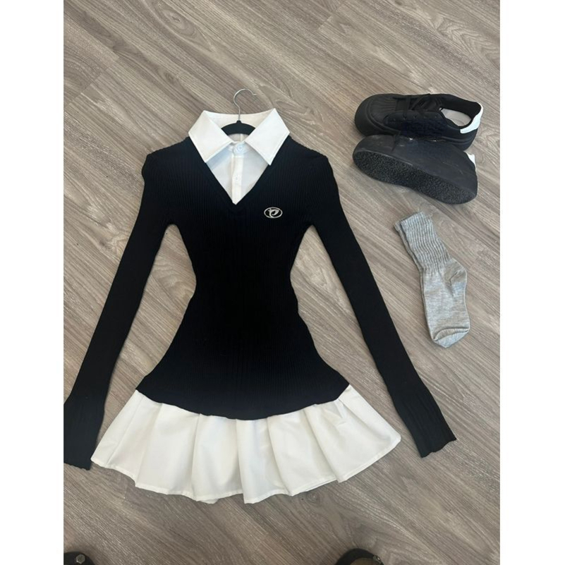 Spring American Vintage Shirt Robes plissées Femme Vêtements Slim Fit Polo Coule Laine Laine noire Robe de fête courte coréenne 250822