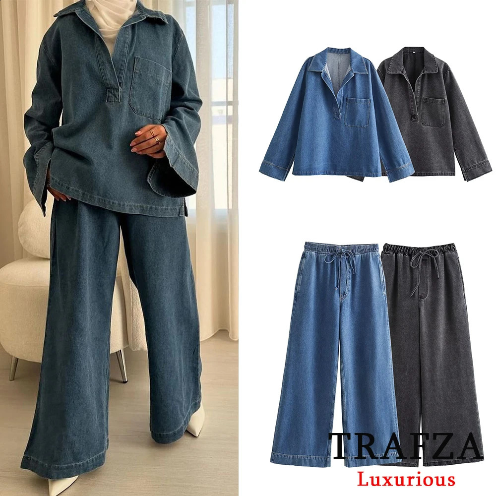 TRAFZA Vintage Casual Denim Chic Women Suit V Neck Long Sleeve TopsElastic Straight Pants Fashion 2024 Spring Street Wear Sets250821