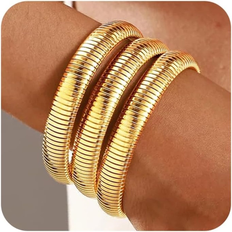 3-Pack Gold Bangles Bracelet Women 925 Sterling Silver Plated Stainless Steel Chunky Stretch Bangles Stackable Wide Silver Bracelet Jewelry