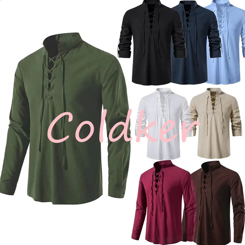 Mens Scottish Jacobite Ghillie Kilt Shirts Medieval Renaissance Pirate Costume Long Sleeve Lace Up Henley Shirt Men Camisas XXL250821