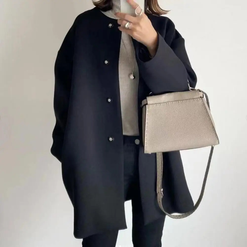 Round Neck Coat Stylish Woolen for Women Buttondown Outerwear Mid Length Jacket Fall Winter Commuting 250822