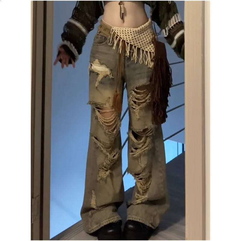 Blue High Waist Women Jeans Feeling Vintage Straight Casual Baggy Streetwear Y2K Ripped Wide Leg Female Trouser Denim Pants 250818