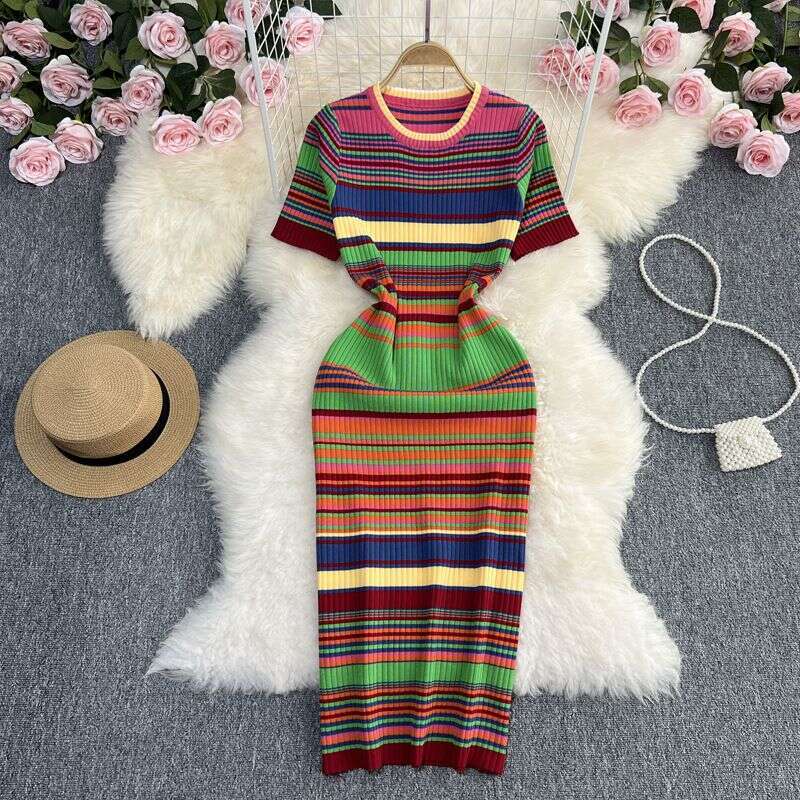 Dresses Dresses Summer Ladylike Style Short-Sleeved Rainbow Striped Round Neck Waist Slimming Mid-Length Knitted Hip-Covering Dress For Women