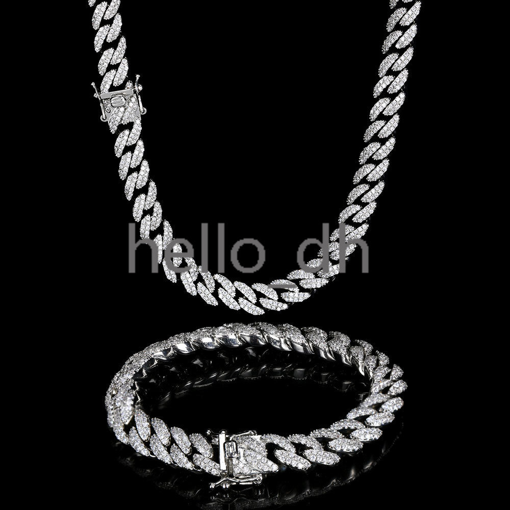 Hip Hop Jewelry 9mm Silver Iced Out Cuban Link Chain Bling moissanite Prong Cuban Chain Necklace for Women