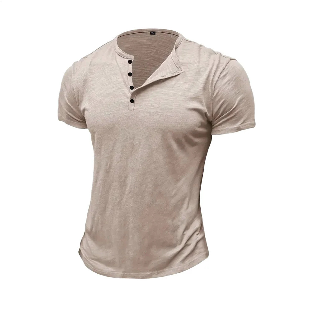 Summer Mens Cotton T-shirt Short-sleeve Henley Collar Casual Solid Color Button Tees Polo High Quality Male Cozy T-shirts250821