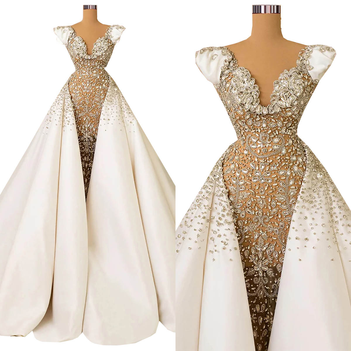 Sexy Crystal Wedding Dress Luxury Beaded Sleeveless Customized Wedding Gowns Detachable Train Applique Vestido De Noiva