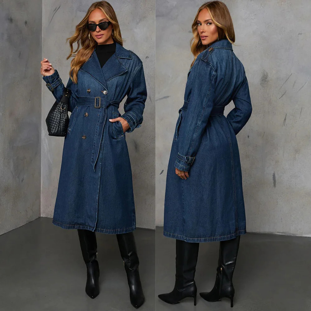 Denim Trench Coat Long Jacket for Women Autumn Temperament Outerwear Double Breasted Sashes Tight Waist Windbreaker 250822