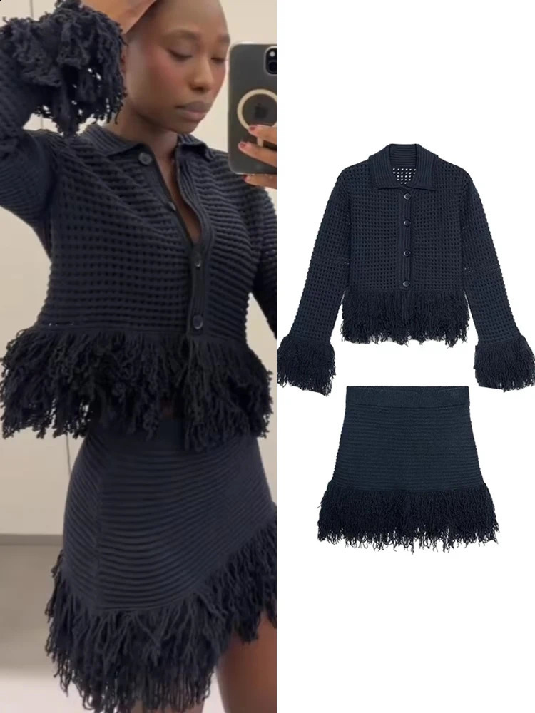 Elegant Tassel Knitted Mini Skirt Sets For Women Spring Hollow Out Single Breasted Sweater Tops High Waist Skirt 2 Pieces Outfit250822