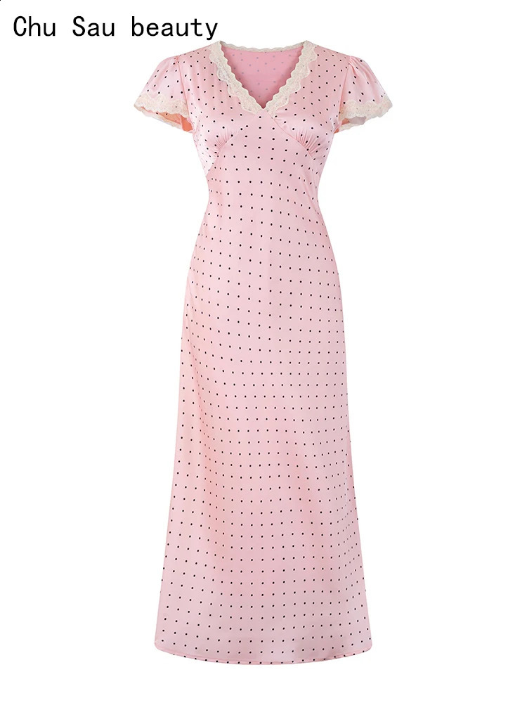 Chu Sau beauty Women Fashion Sweet Polka Dot Print Chic Lace V-neck Long Dress Vintage Short Sleeve Party Style Dresses 250822