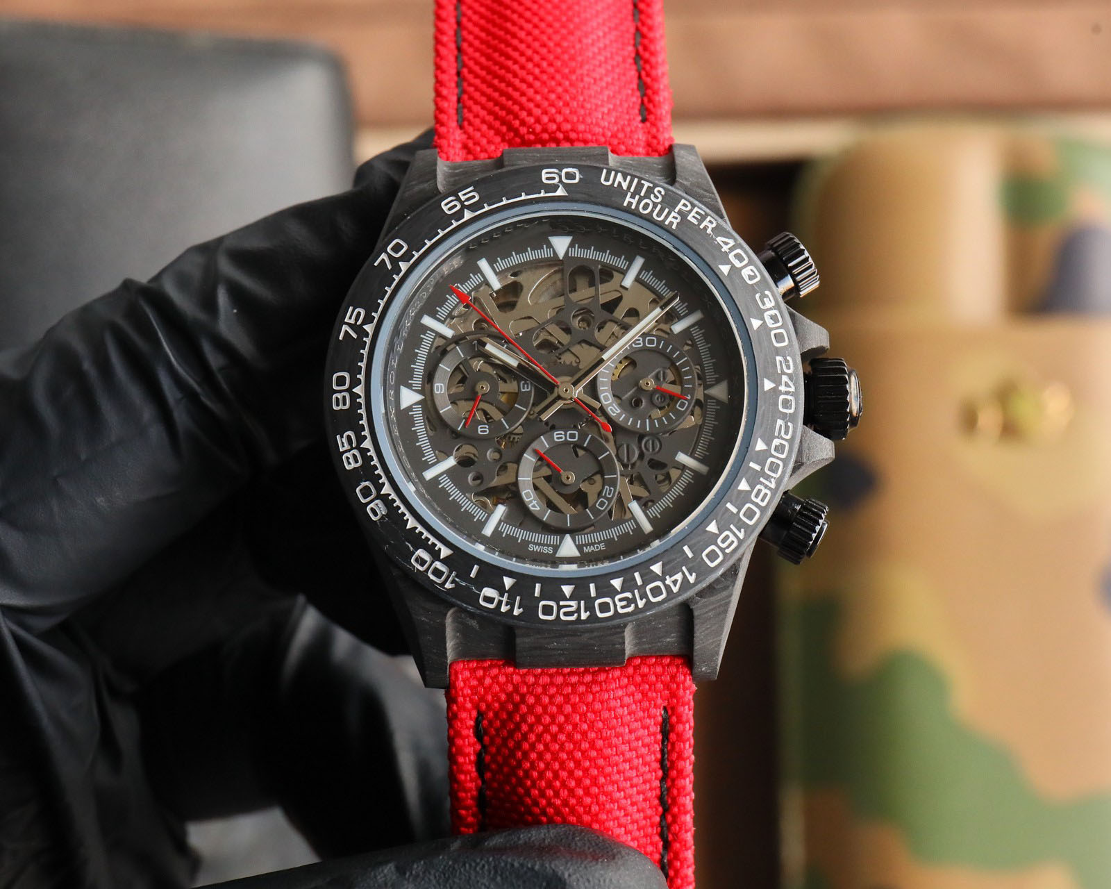 116500 Designer Mens watch Limited Edition 40mm Carbon Fiber Luxury Sports watches Artificial Fiber Woven Strap Skeleton Dial Swiss Mechanical Sapph