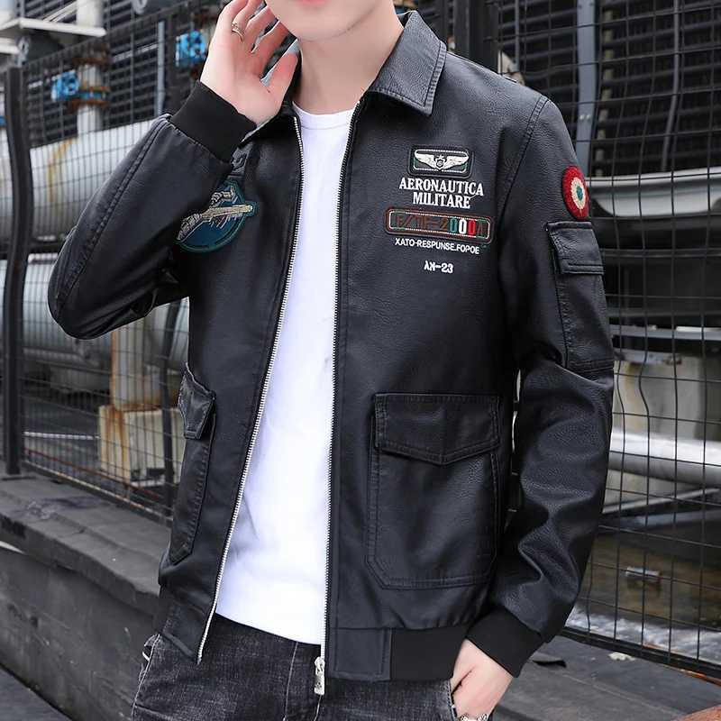 Embroidered Print Handsome Leather Coat Mens Spring and Autumn Business Casual Young Mens Leather Jacket Lapel Fashion Coat X250822