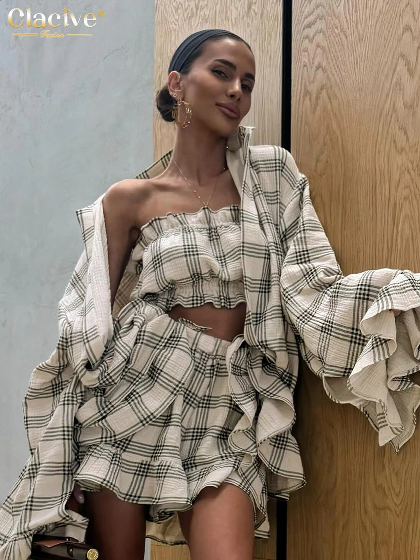 Clacive Fashion Loose Plaid Cotton Shorts Sets For Women 2 Piece Elegant Long Sleeve Shirt Tube Top With High Waist Shorts Set250821