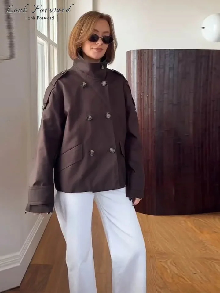 Khaki Trench Coat Women Double Breasted Jacket Woman Stand Collar Full Sleeve Pocket Autumn Casual Loose Outerwears Lady 250822