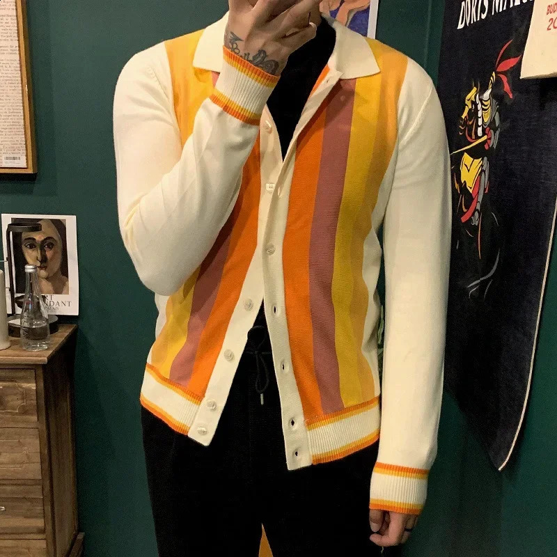 Vintage Spliced Color Cardigan Knitted Sweater Men Harajuku Hip Hop Streetwear Slim Stripes Casual Return Coats 250813