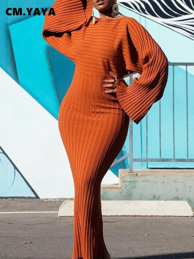 Cm.yaya femmes tricot côtelé manches longues couche slash chouchure bodycon midi maxi robe streetwear fête sexy robes longues vestido 250822