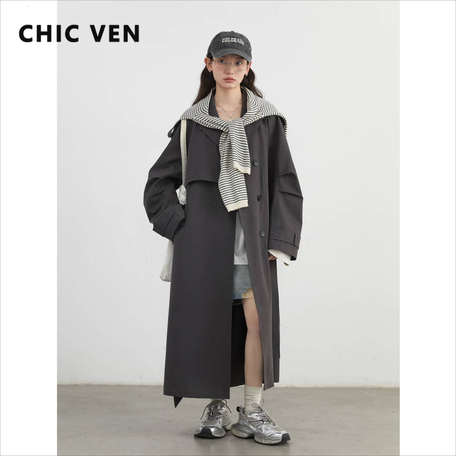 CHIC VEN Fashion Women Trench Coat Single Breasted Loose Casual Belt Long Female Windbreaker Ladies Spring Autumn 250822