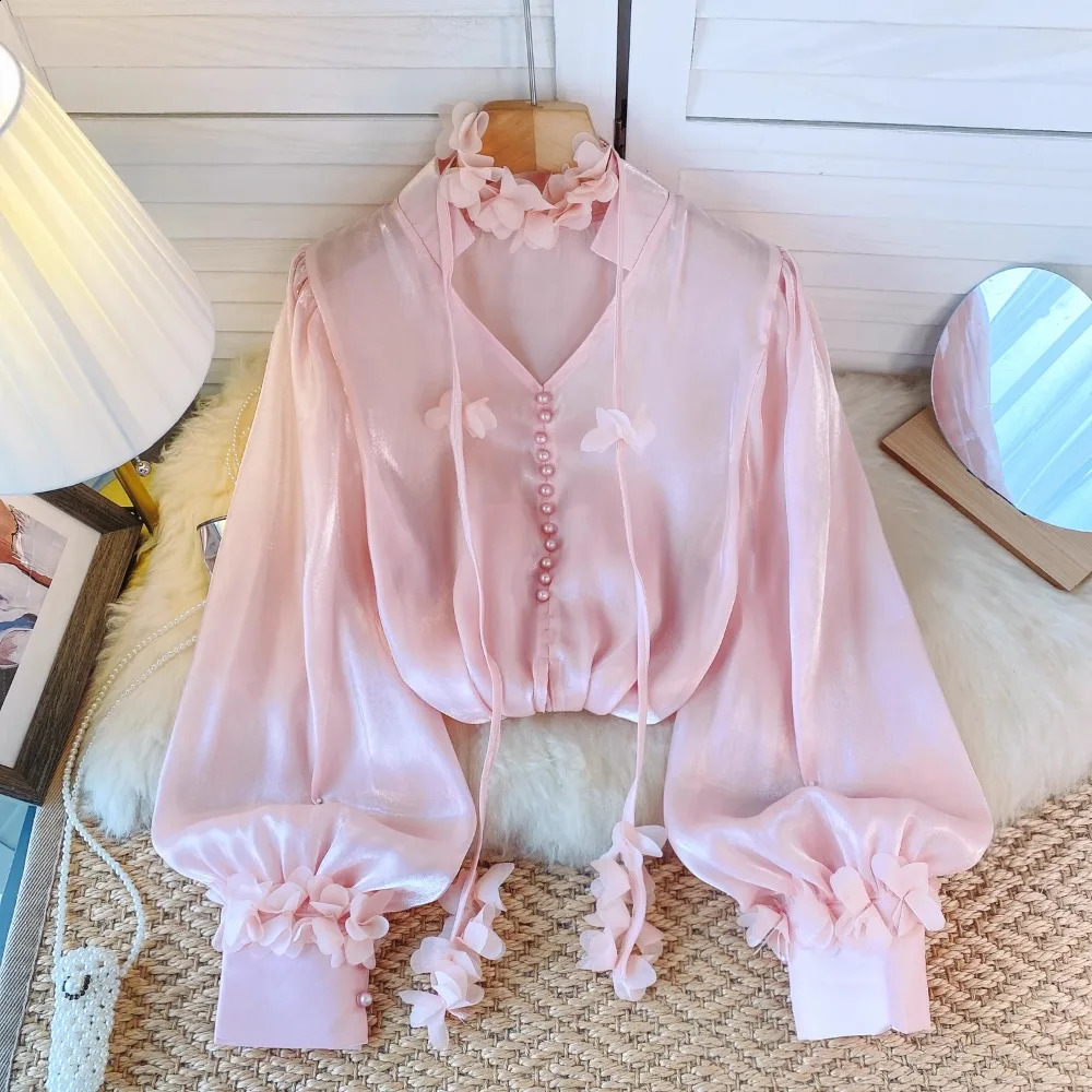 French Chic Women Blouse Arrival V-neck 3D Flowers Long Puff Sleeve Shirts Autumn Versatile Female Blusa Drop 250822