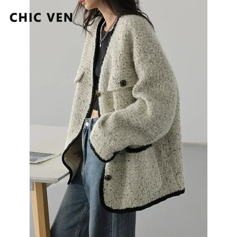 CHIC VEN Womens Woolen Coat Heavy Industry Down Jacket Vintage VNeck Woman Female Tops Autumn Winter 250822
