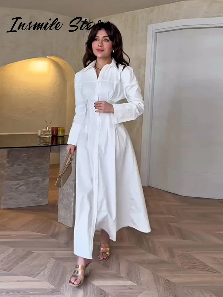 Robe à poitrine simple élégante Femmes Reverse à manche à manches pleines plissées Robes solides en ligne Summer Bureau Lady Robes 250822