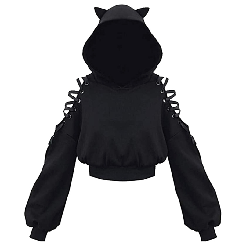 Y2k Gothic Womens Hoodie Cat Ear Crop Top Hooded Sweatshirt Hollow Out Lace Up Long Sleeve Hodded Casual Pullover Autumn250822