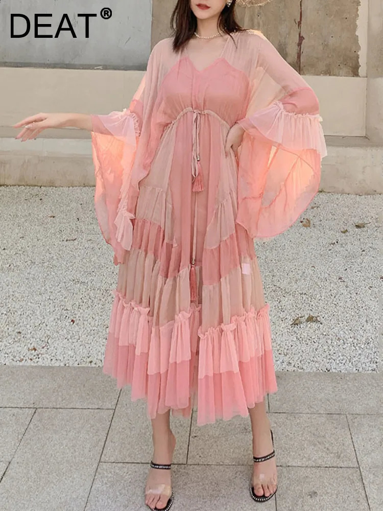DEAT Woman Dress Pink Cake With Lined Mesh Flare Sleeve Drawstring Waist Elegant Fashion Beach Style Summer 15HT424 250822