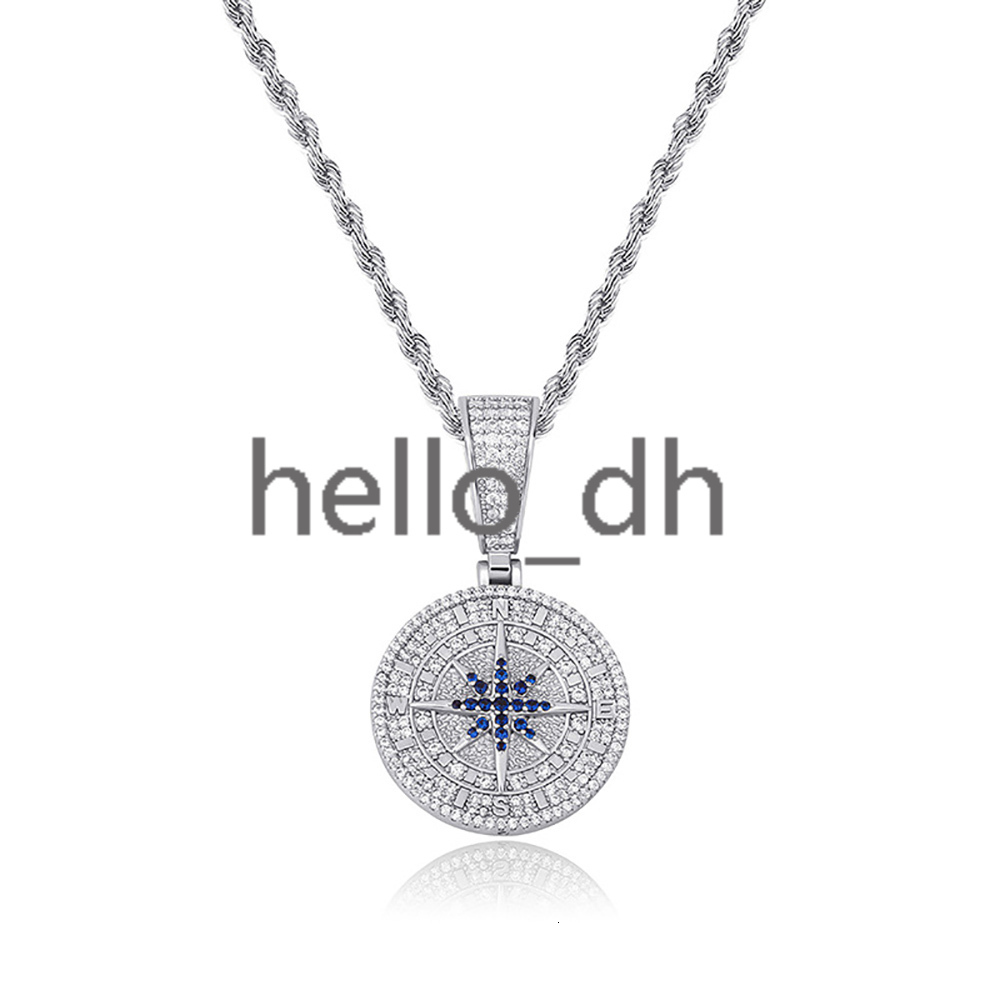 Full Pave Iced Out Diamond Coin Pendant White Gold Plated Brass Micro Pave Blue moissanite Compass Charm Pendant