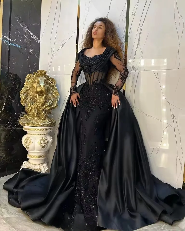 Black Mermaid Sheath Wedding Dresses with Detachable Train Long Sleeve Gillter Applique Gown Garment Custom Made Color/Size