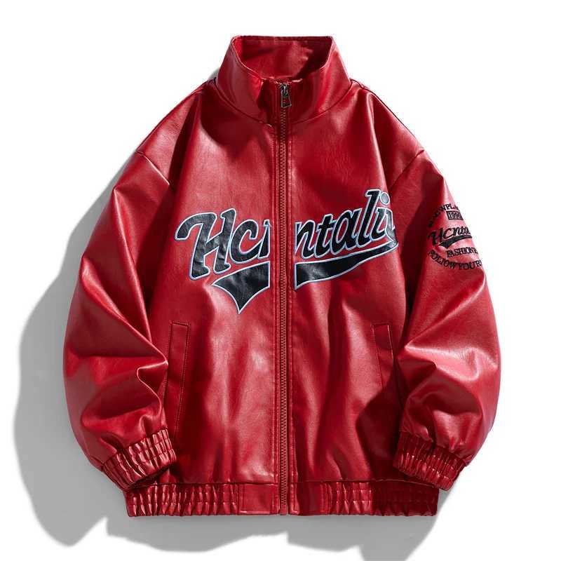 Leather Jacket Men Letter Motorcycle Jacket Men Women Fashion Embroidery Leather Coat Hip Hop Loose Couple Streetwear Red Black X250822