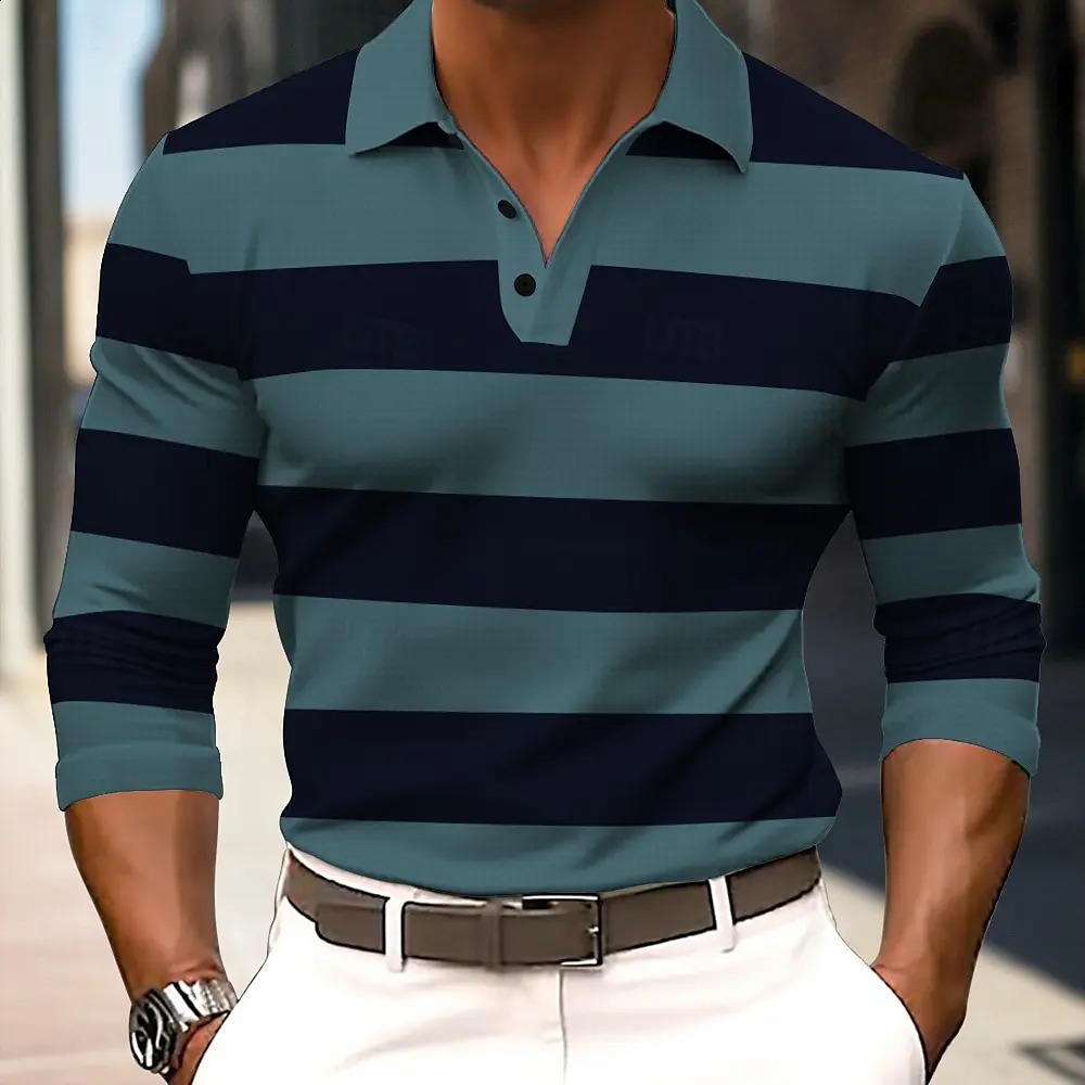 Mens Striped Long Sleeve Polo Shirt Lapel Shirt Sports Casual Outdoor Office Daily Wear Button Spring Autumn Winter 250822