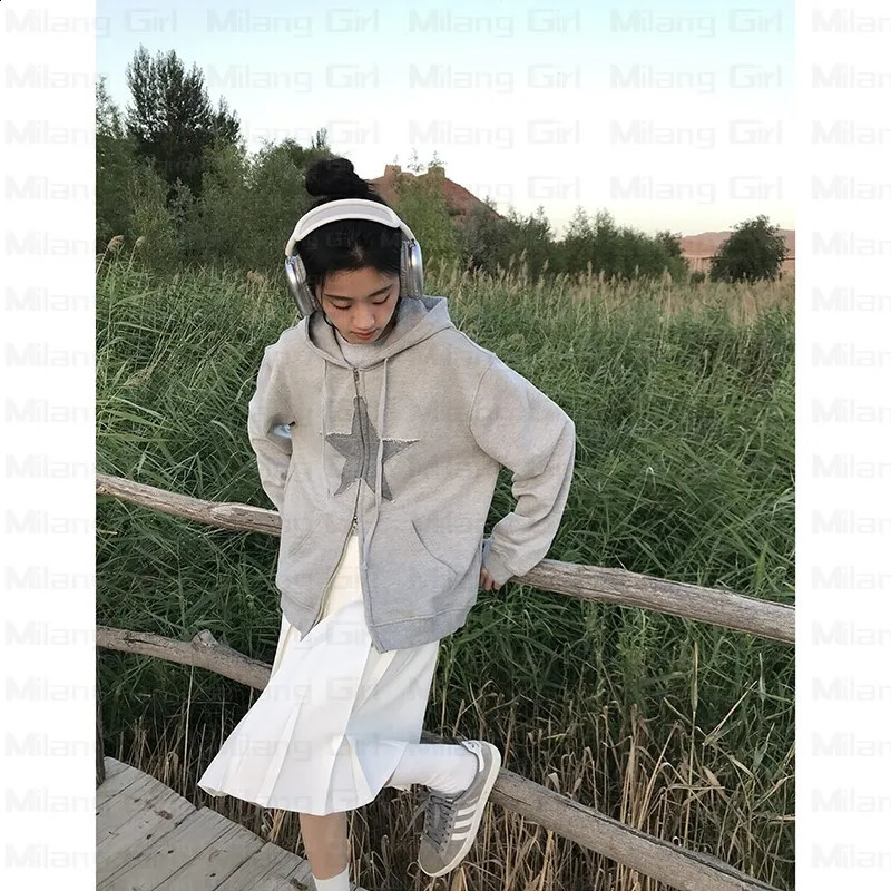 Patchwork Stars Zip Up Hoodie Femmes Harajuku Sweat-shirt gris vintage Japonais Unisexe Long Dargan à manches longues 250819