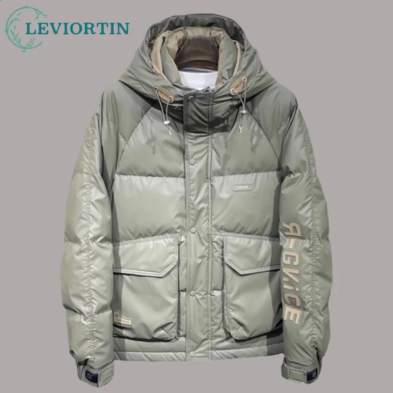 Men Hooded Down Jacket Streetwear Letter Print Stand Collar Outdoor Windbreak White Duck Down CoatThick Warm Workwear Clothes 250819